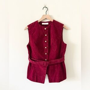 Commense Faux Suede Effect Vest with Belt Gold Button Front in Crimson Red -M